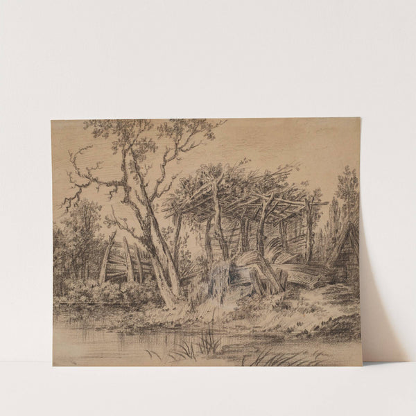 A wooden shelter in picturesque decay by a river by François Boucher