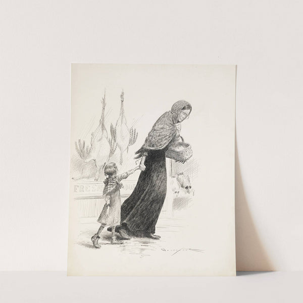 A worn woman with an empty shopping basket pulls a young girl passed a shop with fresh foul for sale. by Homer Davenport