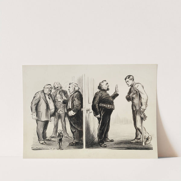 A wounded soldier is denied entrance to Congress, where three stout politicians are arguing. (1921) by William Henry Walker