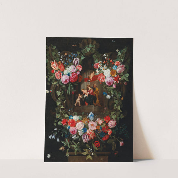 A wreath of flowers surrounding a cartouche with the Holy Family and putti by Jan Van Kessel The Elder