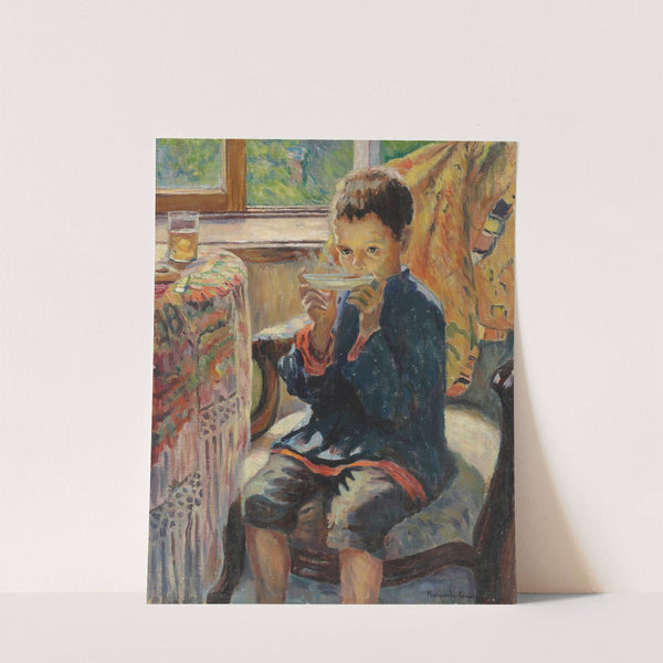 A young boy drinking tea by Nikolai Bogdanov-Belsky