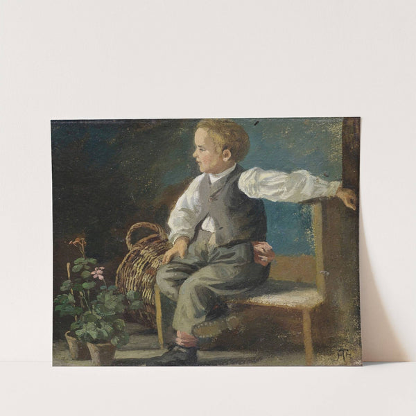 A young boy on a bench with flower pots and a wicker basket (1882) by Hans Thoma