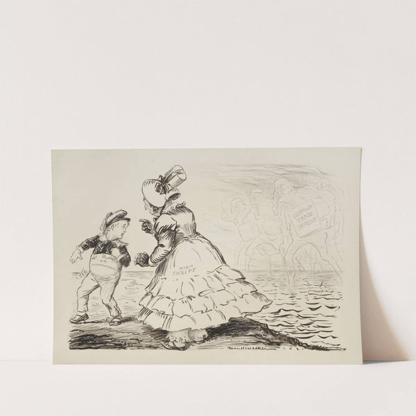 A young boy representing U.S. Manufacturers is kept away from the American shoreline by a woman representing high tariffs (1921) by William Henry Walker