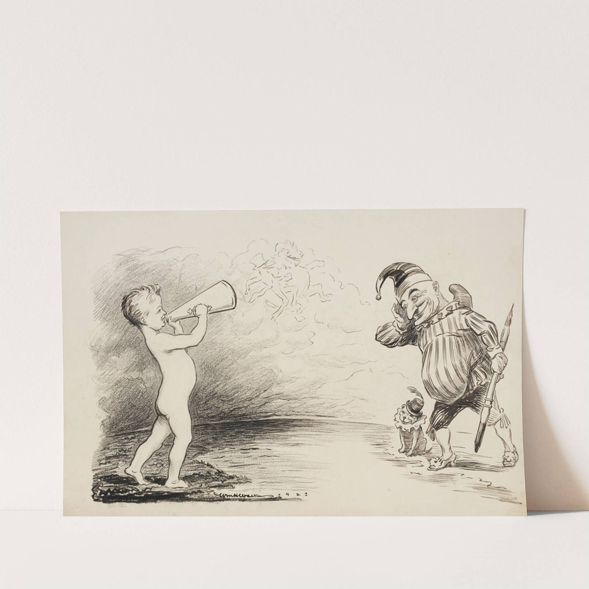 A young boy shouts through a megaphone at a man and a dog wearing jester’s outfits (1921) by William Henry Walker