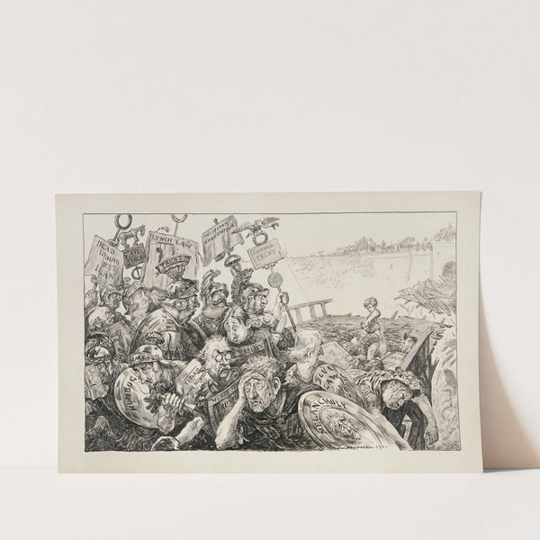 A young boy successfully defends a castle from an army of men representing different problems in society (1901) by William Henry Walker