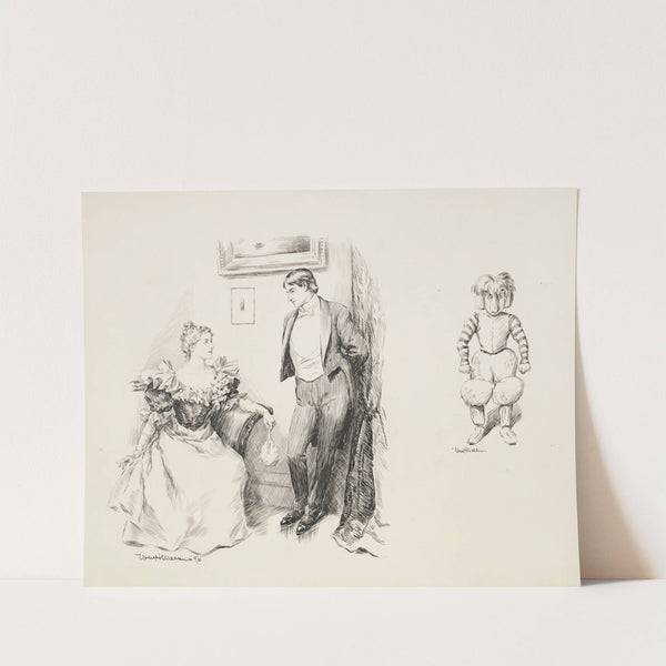 A young couple in fancy clothes talking together. And a figure in exaggerated football uniform. (1896) by William Henry Walker