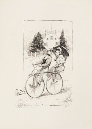 A young couple ride on a tandem bicycle. (1898) — size preview
