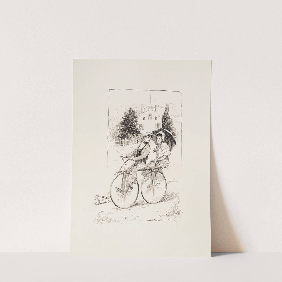 A young couple ride on a tandem bicycle. (1898) by William Henry Walker