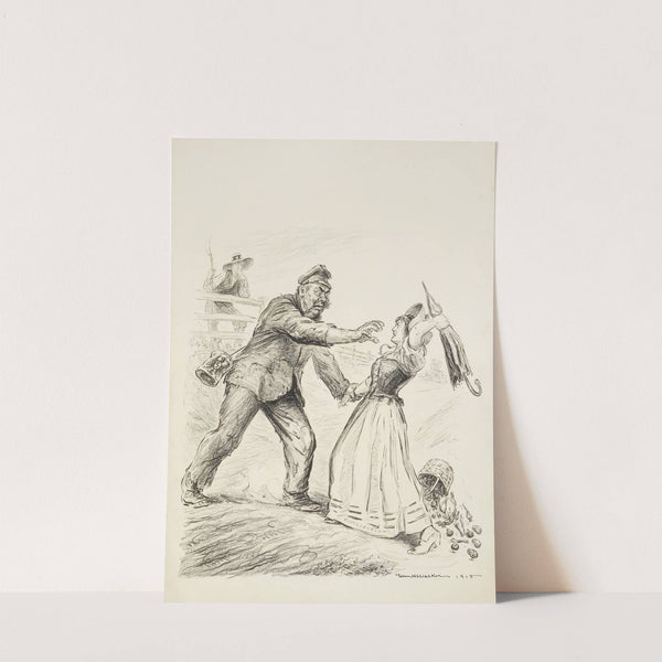 A young farm girl, representing civilization, is grabbed by a rough man representing Germany or Prussia and tries to defend herself with an umbrella (1916) by William Henry Walker