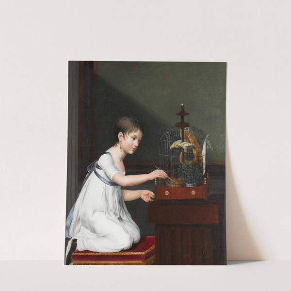 A Young Girl In A White Dress With A Green Sash, Kneeling By A Bird Cage While Tending To Her Birds by Jeanne Elisabeth Chaudet