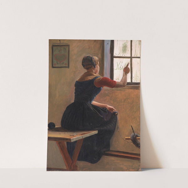 A Young Girl in Jutland Writing her Beloved's Name on a Misty Window by Christen Dalsgaard