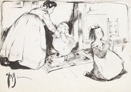 A young girl kneels to pray, while behind her a woman guides a younger girl towards an empty chair. (1902) — size preview