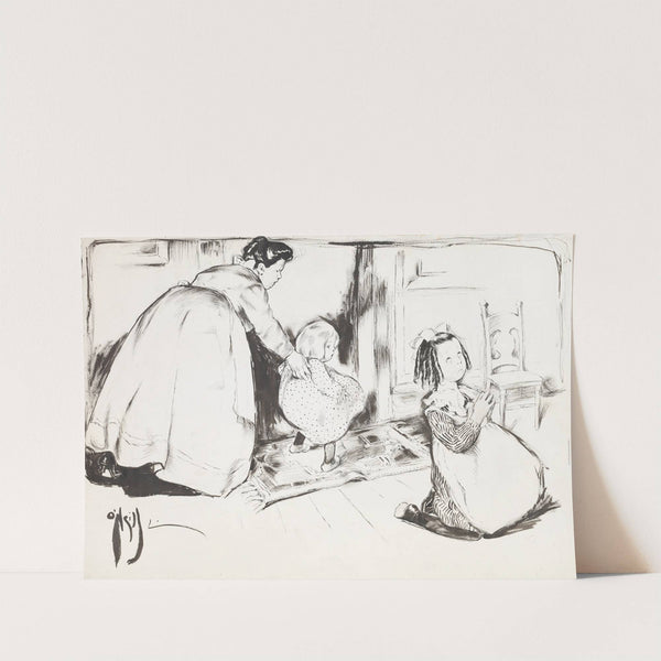 A young girl kneels to pray, while behind her a woman guides a younger girl towards an empty chair. (1902) by Rose Cecil O'''Neill