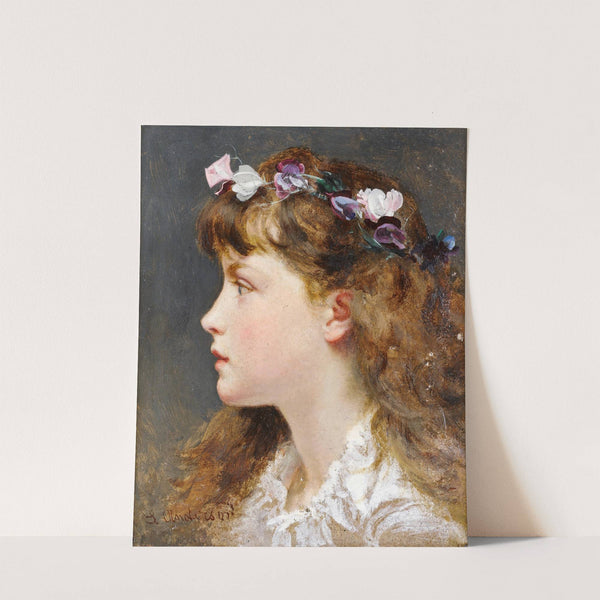 A young girl with a garland of flowers in her hair by Sophie Anderson