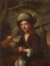 A young hunter, in a fur cap with a rifle, mallard and hare
