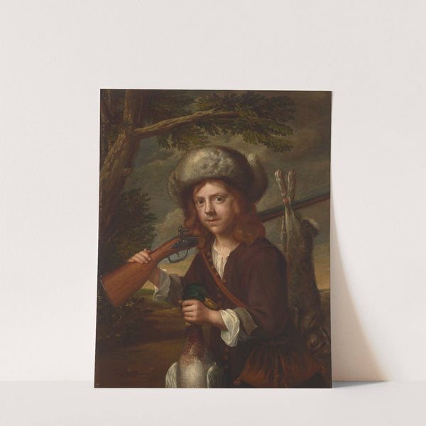 A young hunter, in a fur cap with a rifle, mallard and hare by After Wallerant Vaillant