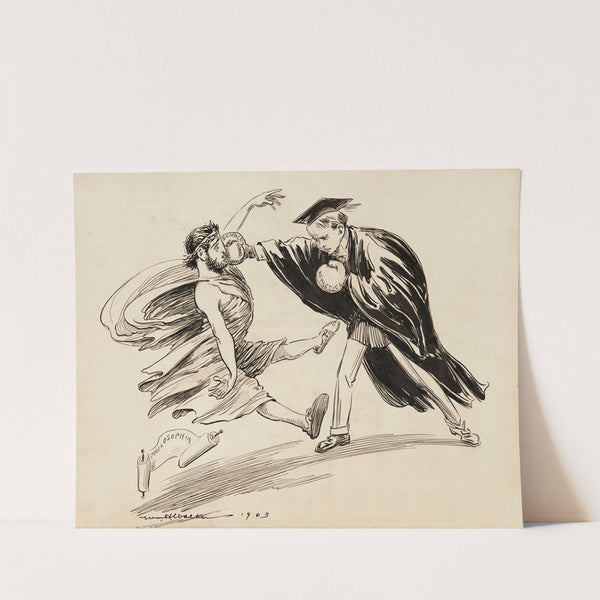 A young man in a scholar’s robe, with boxing cloves representing the sciences and athletics, punches a man in Roman robes representing philosophy. (1903) by William Henry Walker