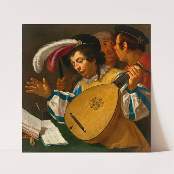 A young man playing a lute and singing with two companions by Jan Van Bijlert