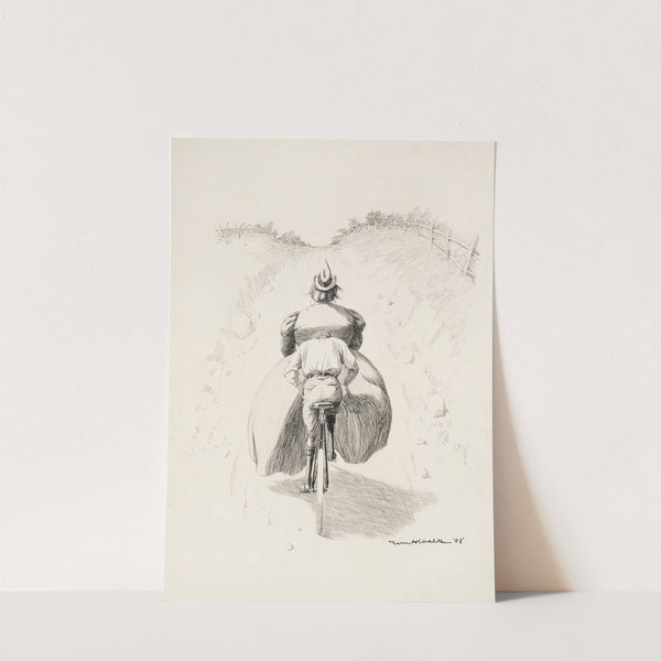 A young man tries to pedal his bicycle up a hill with a fat woman seated on his handle bars. (1898) by William Henry Walker