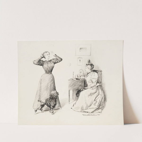 A young woman, fixing her hair, talks to a seated older woman. Both women have dogs. (1897) by William Henry Walker