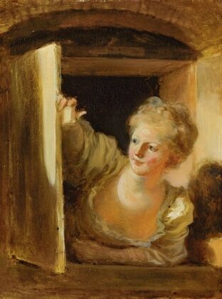 A young woman leaning out of a window