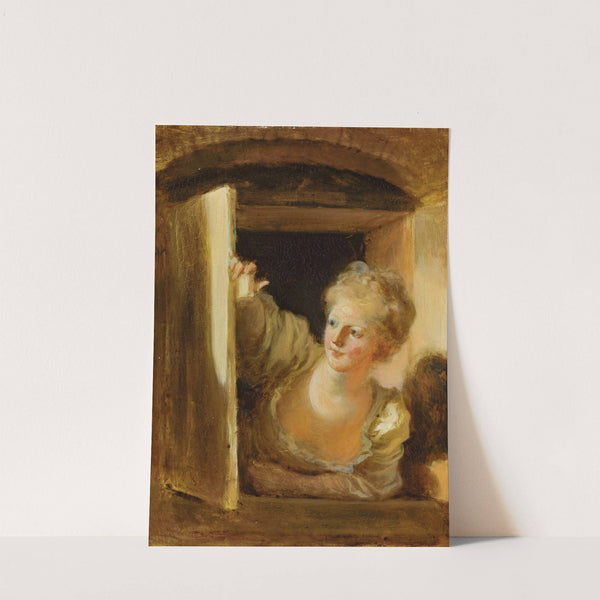 A young woman leaning out of a window by Jean-Honoré Fragonard