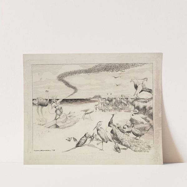 A young woman on a beach is frightened by and surrounded by a crowd of birds of various species. (1898) by William Henry Walker