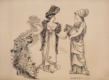 A young woman, representing the 20th Century, waters flowers representing college students with money (1902) — size preview