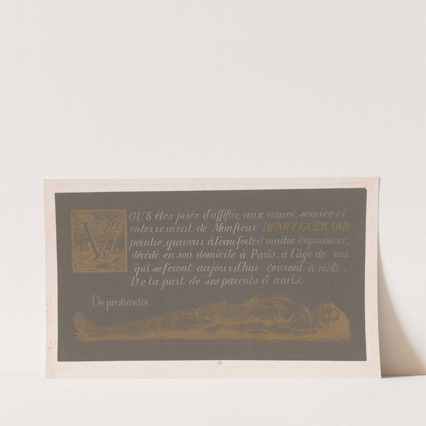 Aankondiging van begrafenis met initiaal met de Dood en eronder een liggend lichaam (1856-1897) by Henri-Charles Guérard