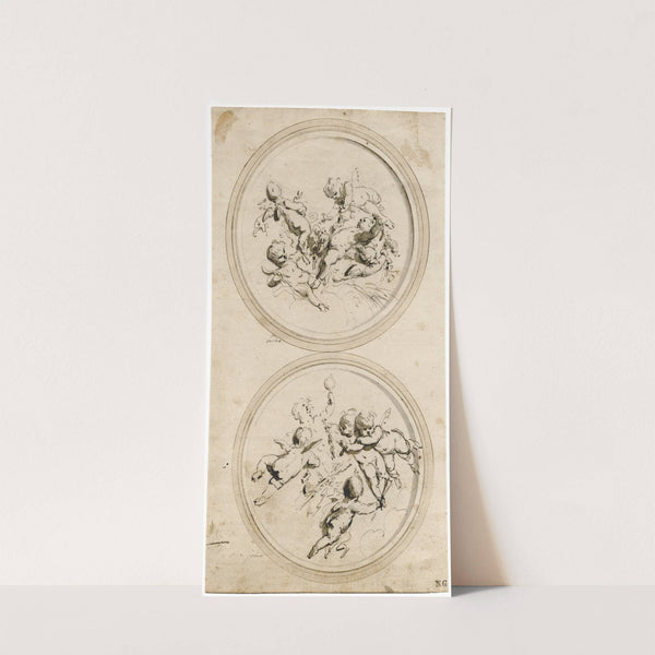 'Aarde' en 'vuur': medaillons met putti by Jacob de Wit