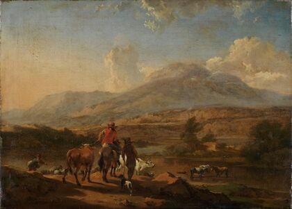 Abendliche südliche Landschaft mit Hirten an einer Furt