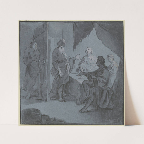 Abraham bewirtet die drei an einem Tisch sitzenden Engel, links an der Tür lauscht Sara by Gottlieb Welté