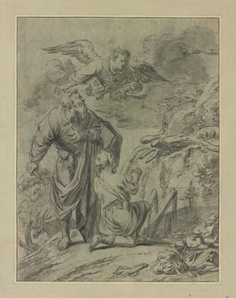 Abraham im Begriff seinen Sohn Isaak zu opfern, erblickt den Engel