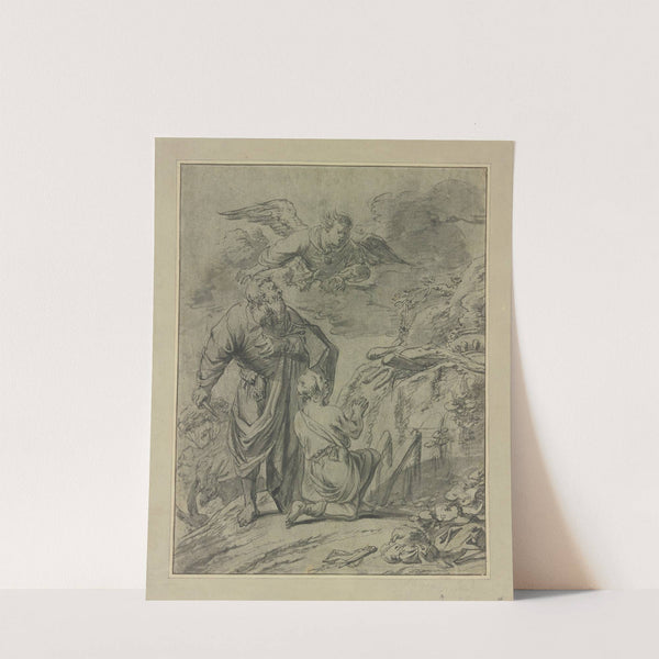 Abraham im Begriff seinen Sohn Isaak zu opfern, erblickt den Engel by Leonaert Bramer