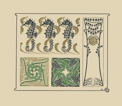 Abstract design based on seahorses, fish, lizards, tiny leaves. (1900)