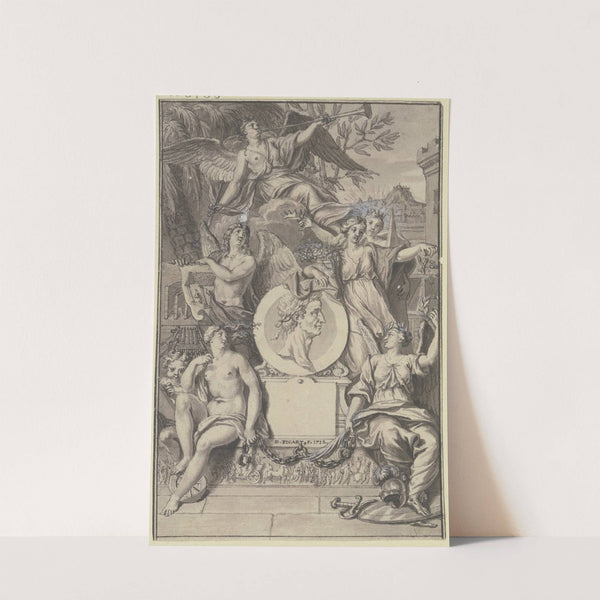 Abundantia hält das Medaillon eines mit Lorbeer gekrönten Mannes, oben schwebt ein Faun (1712) by Bernard Picart