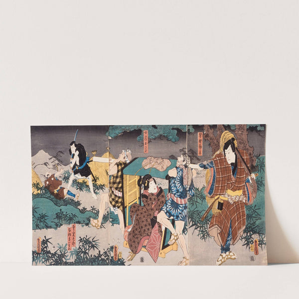 Act V of series The Storehouse of Loyal Retainers, a Primer, with the characters Hayano Kanpei (Shigenji), his wife Okaru, Onosada Kurō and Farmer Yoichibei (1854) by Utagawa Kunisada (Toyokuni III)