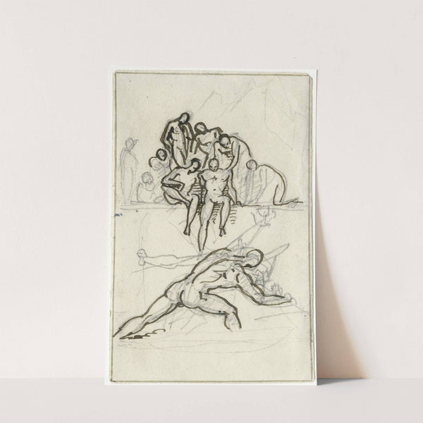 Actieve rugfiguur voor groep personen op een kade by David Humbert de Superville