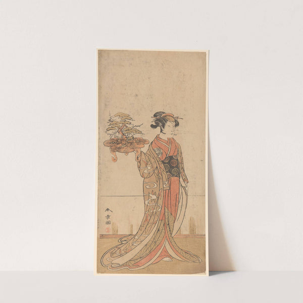 Actor Nakamura Matsuge Portraying a Young Woman Holding a Pot Containing a Dwarf Tree by Katsukawa Shunchō