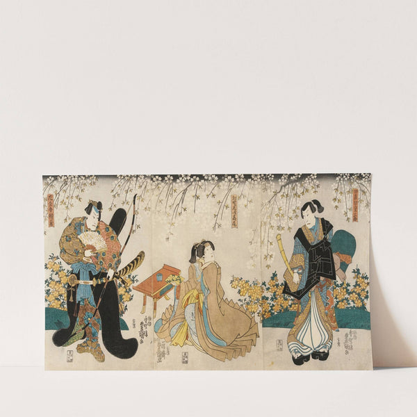 Actors in the Roles of Shimada Shigesaburō, Kugyō ama jitsuwa Takao and Sakingo Yorikane under Cherry Blossoms (circa 1850) by Utagawa Kunisada (Toyokuni III)