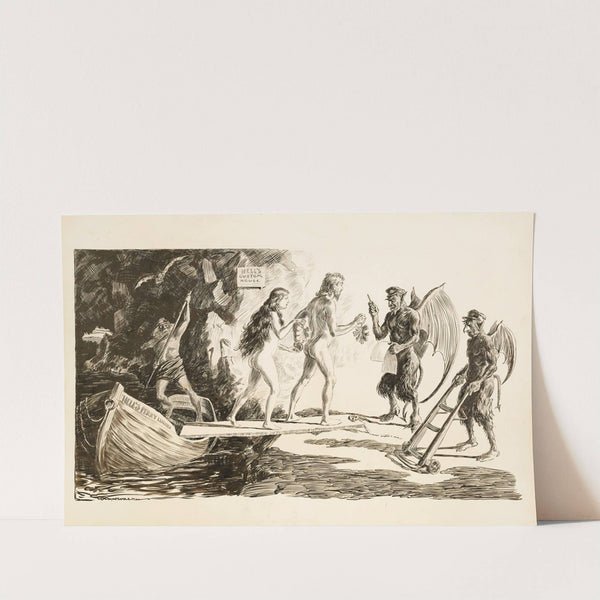 Adam and Eve arrive at Hell and have to declare their fig leaves and the apple at the Custom House. (1908) by William Henry Walker