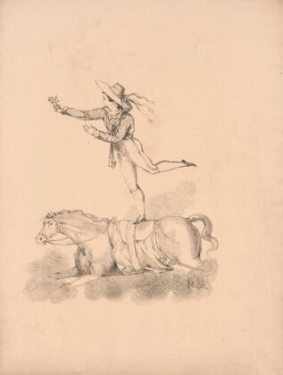 Adolphe Franconi standing on one leg on a saddle on the back of a horse (1820-1827)