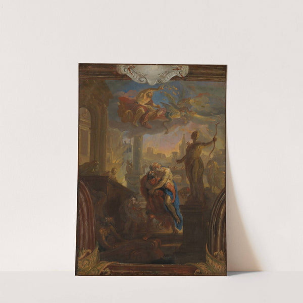 Aeneas rescues his father Anchises from the burning Troy, Vulcan in the sky on his chariot by Johann Michael Rottmayr