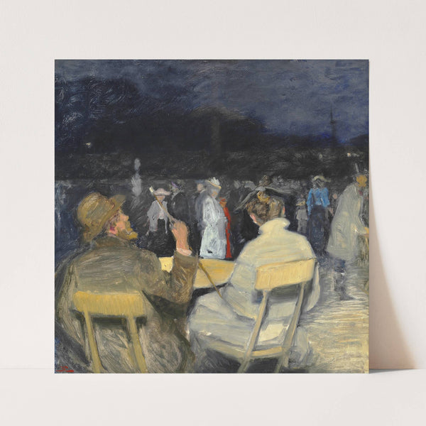 Aftenstemning i en park i Paris. I forgrunden sidder et par og betragter menneskemylderet foran sig by Christian Clausen