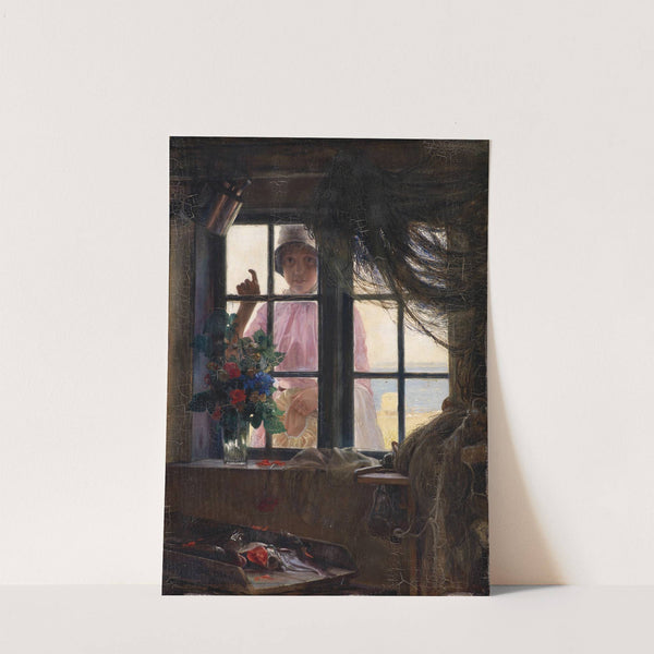 After the Bath. A Young Girl Knocking at the Fisherman's Window by Carl Bloch