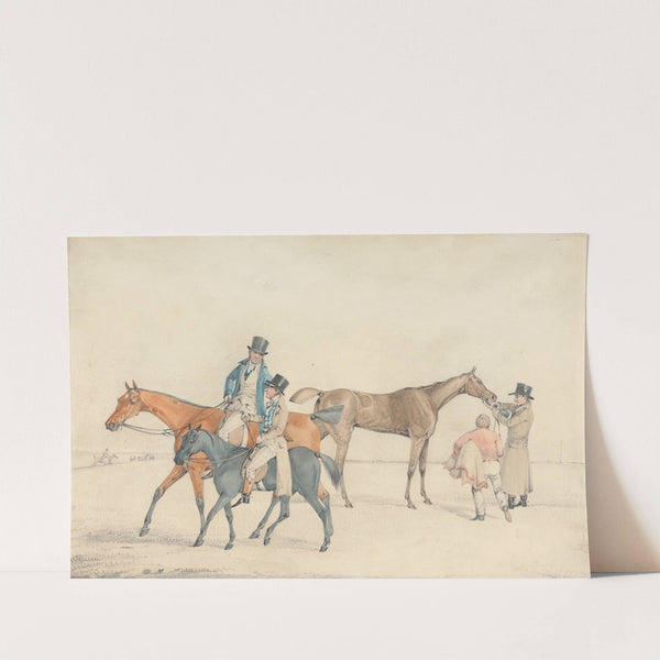 After the Race; Owner or Trainer Riding and Conversing with Jockey on Trainer's Hack; at Right, a Racehouse Being Watered and Rugged after Racing by Samuel Alken