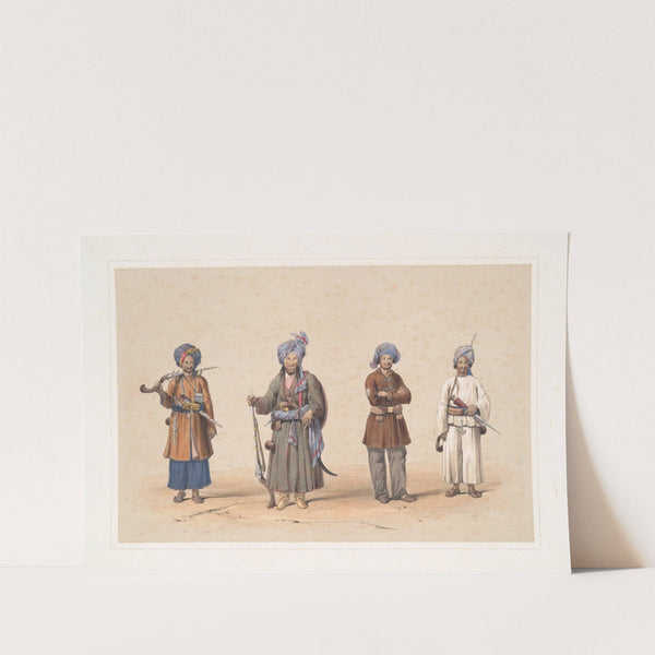 Aga Jan, an officer of the Kohistan rangers; Meer Humzu, trooper of the first regiment, Janbaz cavalry; a serjeant of Affghan infantry (1843) by James Atkinson