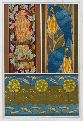 Aigle et chêne, aras et maïs, bordures. Poissons et oiseaux, frise.