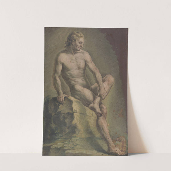 Akt eines auf einem Stein sitzenden Mannes, nach rechts blickend by Josef Neher