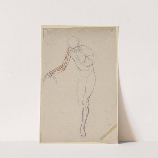 Aktfigur eines alten Mannes, das Knochengerüst seines rechten, auf den Kopf einer vor ihm knienden Frau gelegten Armes rot eingezeichnet by Victor Müller